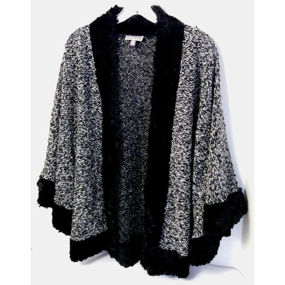 Penny Lane Faux Fur Sweater Cardigan Wn S/M Black White Langenlook Artisan Boho - Picture 3 of 12